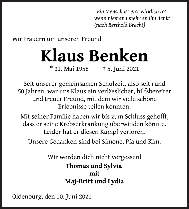 Traueranzeige von Klaus Benken von WESER-KURIER