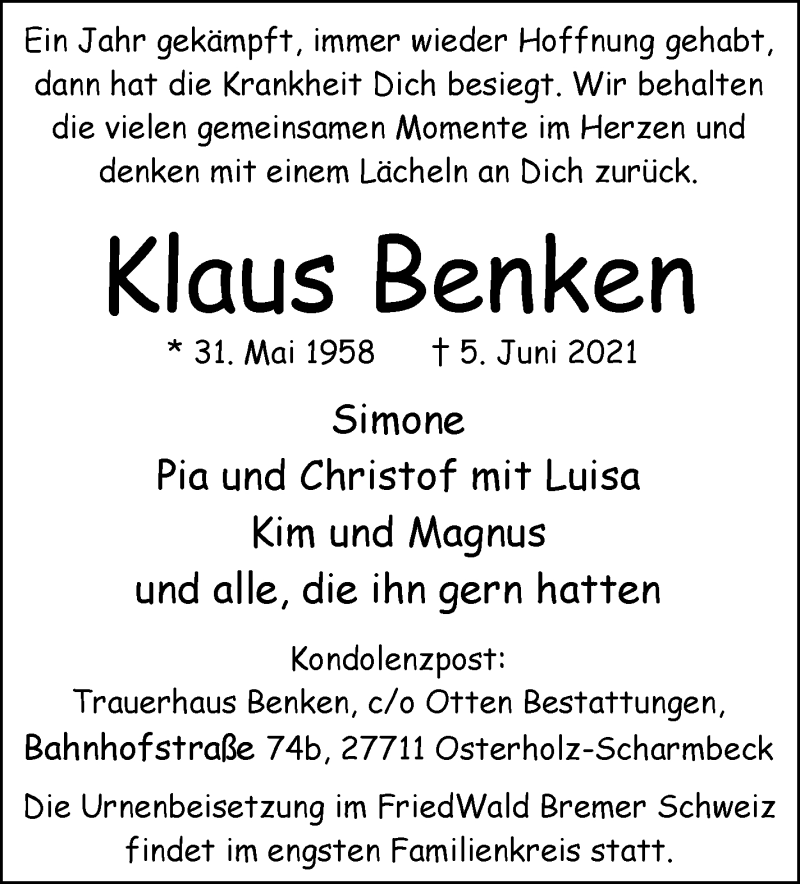 Traueranzeige von Klaus Benken von WESER-KURIER