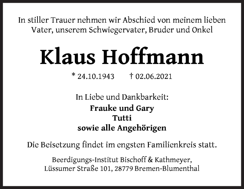 Traueranzeige von Klaus Hoffmann von Die Norddeutsche