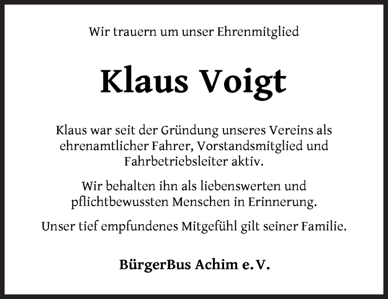 Traueranzeige von Klaus Voigt von Achimer Kurier/Verdener Nachrichten