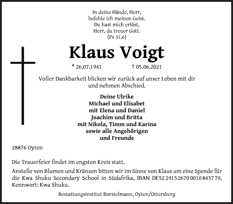 Traueranzeige von Klaus Voigt von WESER-KURIER