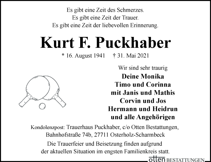 Traueranzeige von Kurt F. Puckhaber von Osterholzer Kreisblatt