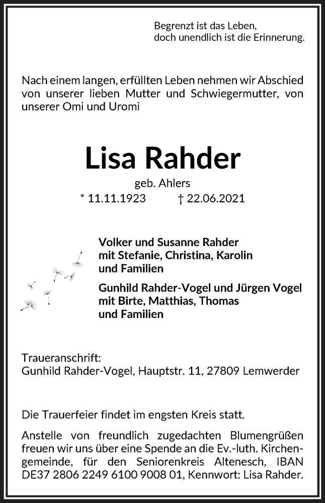 Traueranzeige von Lisa Rahder von Die Norddeutsche