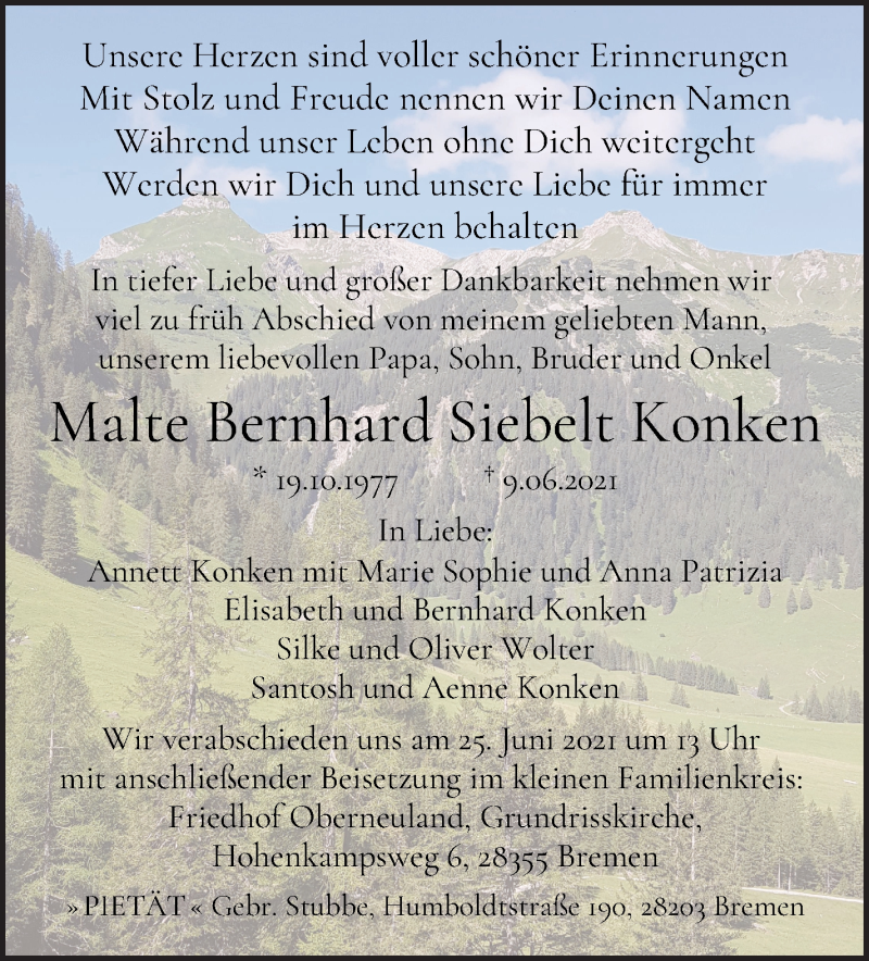 Traueranzeige von Malte Bernhard Siebelt Konken von WESER-KURIER