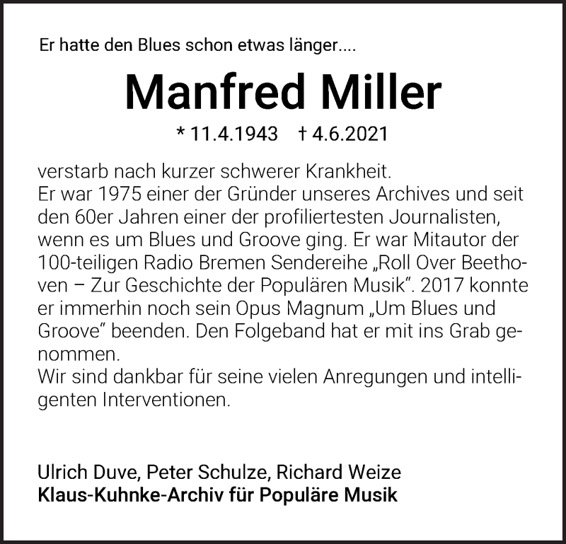 Traueranzeige von Manfred Miller von WESER-KURIER