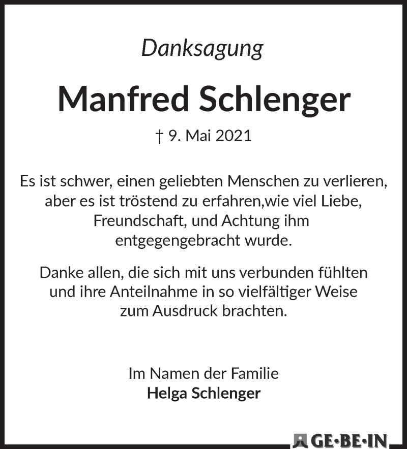Traueranzeige von Manfred Schlenger von WESER-KURIER