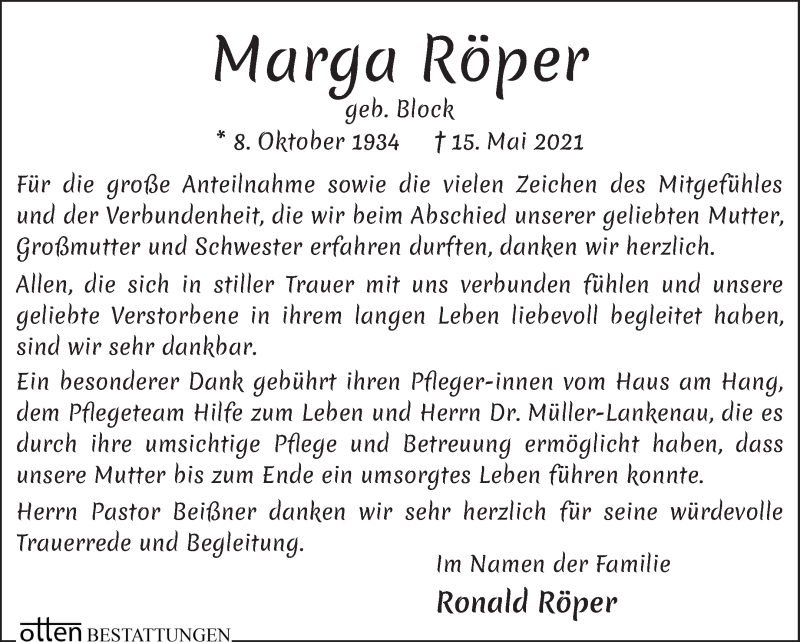 Traueranzeige von Marga Röper von Osterholzer Kreisblatt