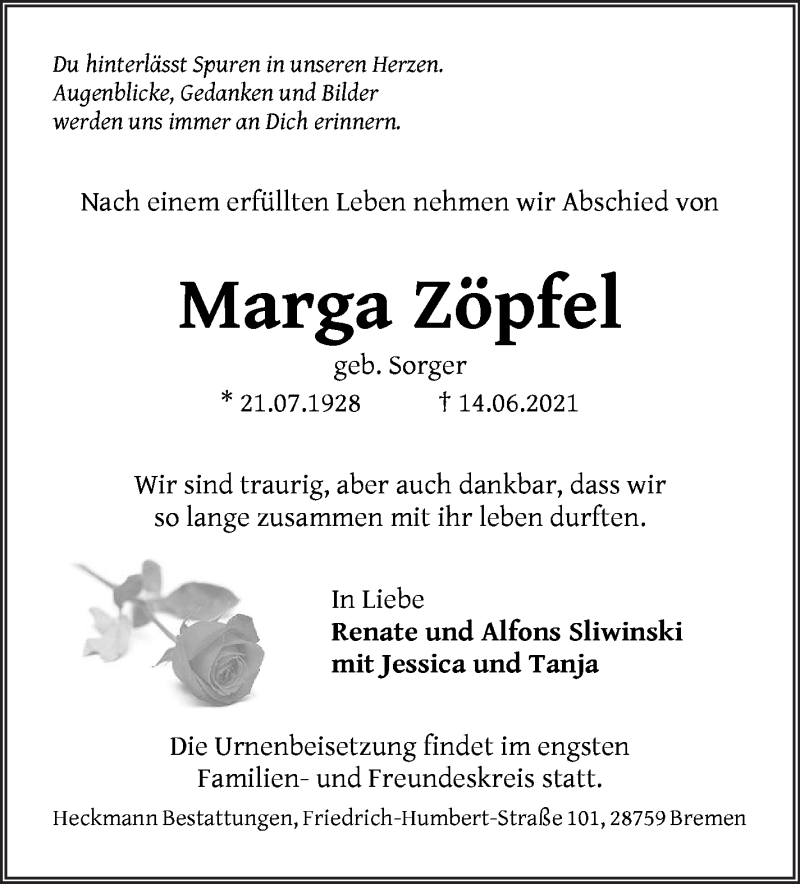 Traueranzeige von Marga Zöpfel von Die Norddeutsche