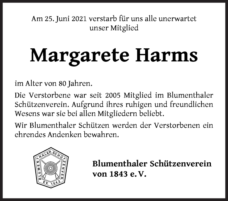 Traueranzeige von Margrit Harms von Die Norddeutsche