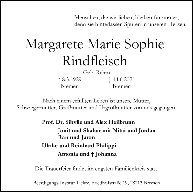 Traueranzeige von Margarete Marie Sophie Rindfleisch von WESER-KURIER