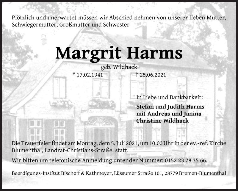 Traueranzeige von Margrit Harms von Die Norddeutsche