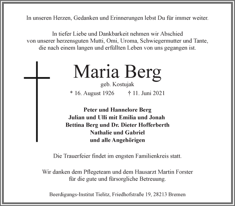 Traueranzeige von Maria Berg von WESER-KURIER