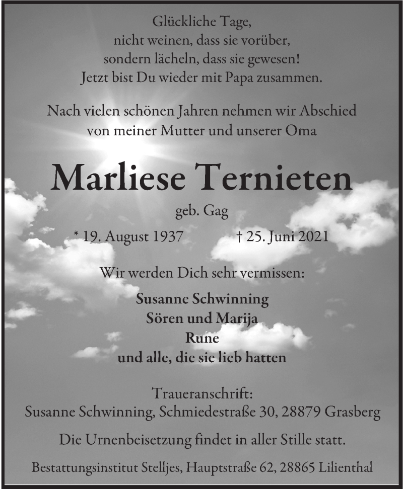 Traueranzeige von Marliese Ternieten von Wuemme Zeitung
