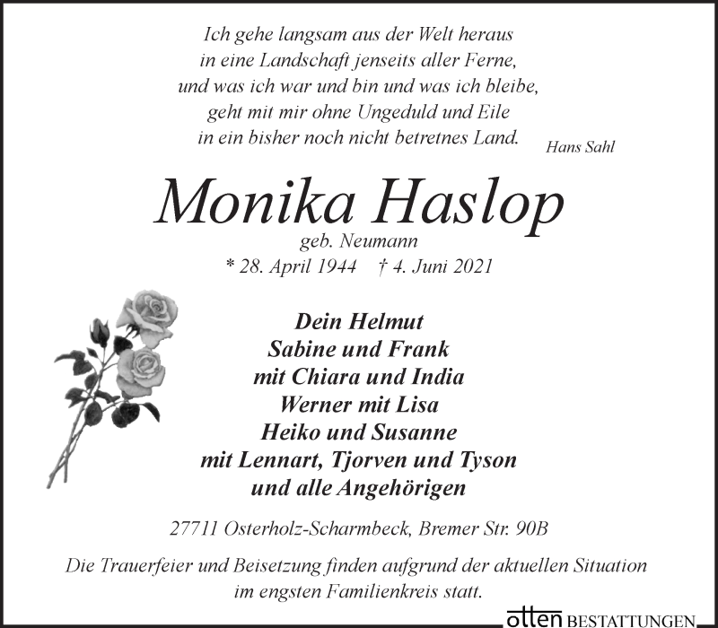 Traueranzeige von Monika Haslop von Osterholzer Kreisblatt
