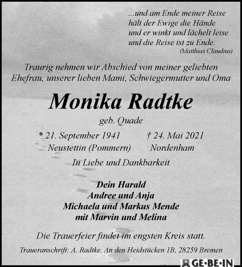 Traueranzeige von Monika Radtke von WESER-KURIER
