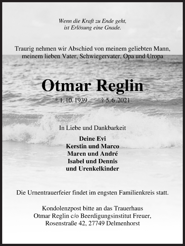 Traueranzeige von Otmar Reglin von WESER-KURIER