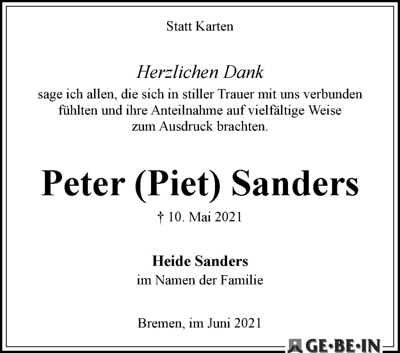 Traueranzeige von Peter (Piet) Sanders von WESER-KURIER