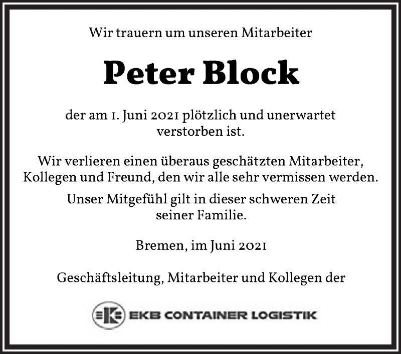 Traueranzeige von Peter Block von WESER-KURIER