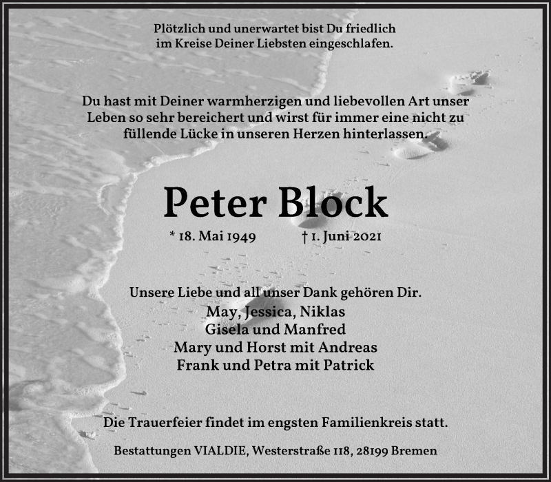 Traueranzeige von Peter Block von WESER-KURIER