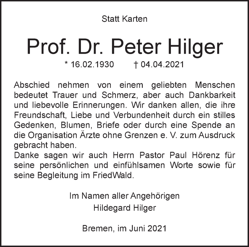 Traueranzeige von Peter Hilger von WESER-KURIER