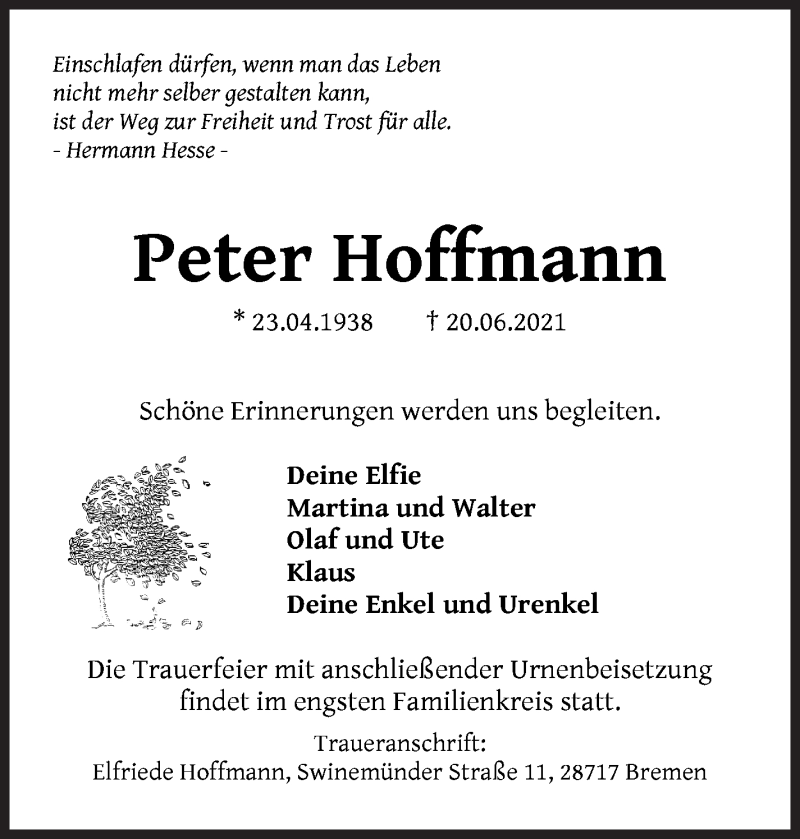 Traueranzeige von Peter Hoffmann von Die Norddeutsche