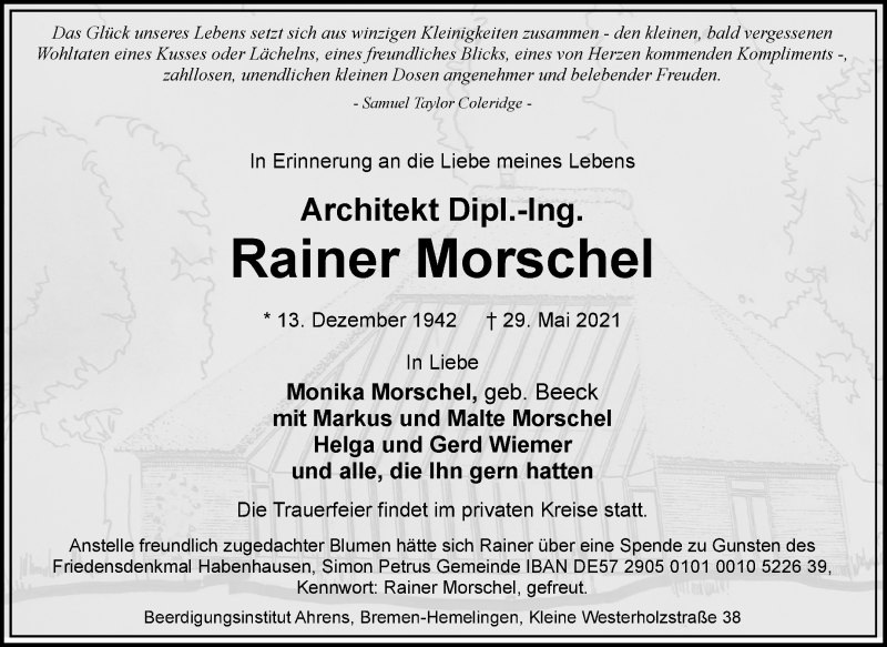 Traueranzeige von Rainer Morschel von WESER-KURIER