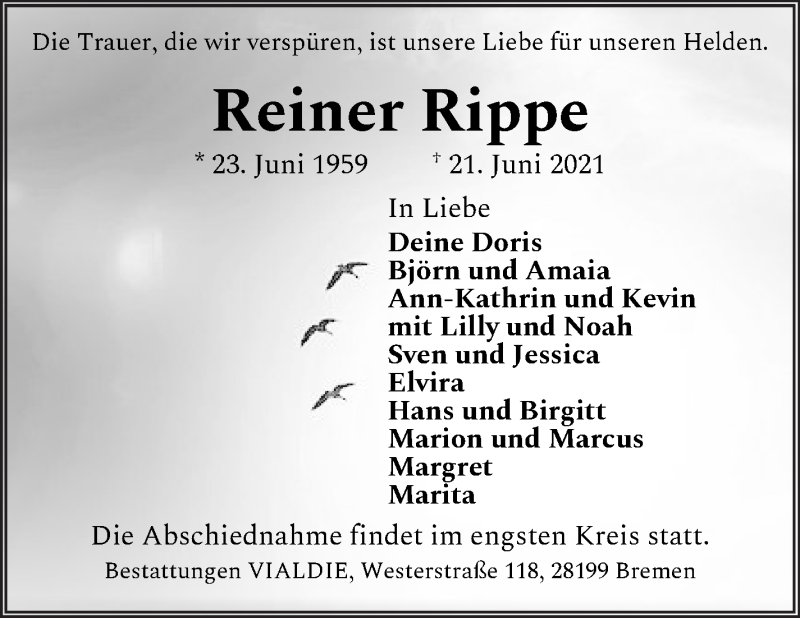 Traueranzeige von Reiner Rippe von WESER-KURIER
