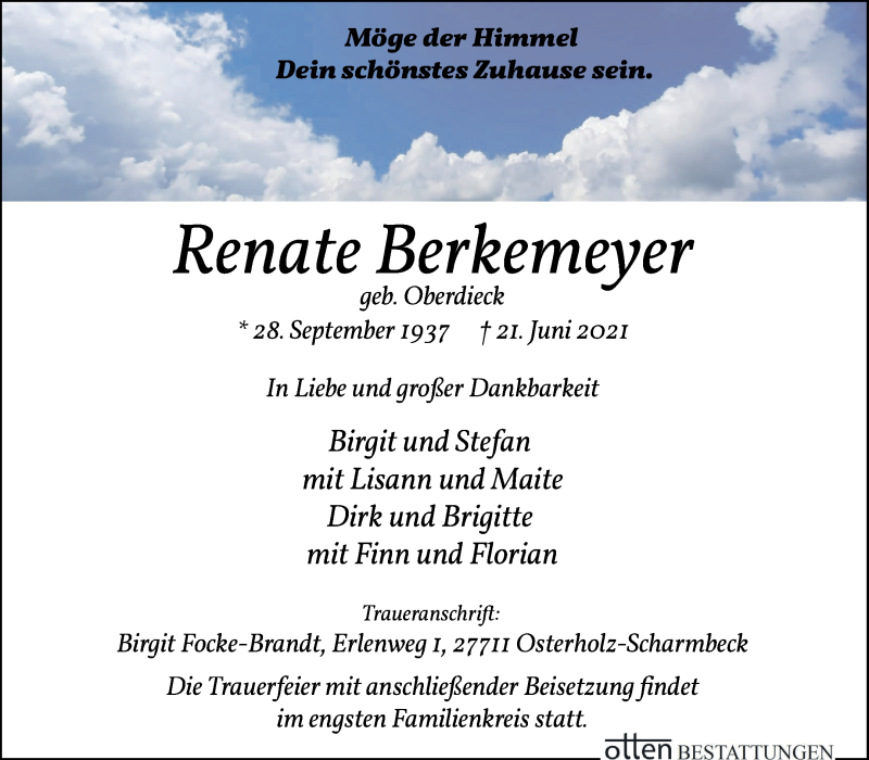 Traueranzeige von Renate Berkemeyer von Osterholzer Kreisblatt