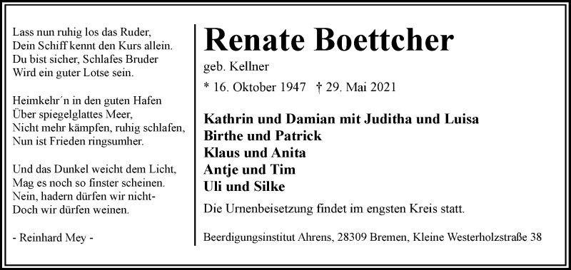 Traueranzeige von Renate Boettcher von WESER-KURIER