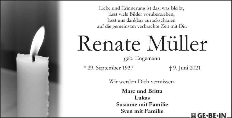 Traueranzeige von Renate Müller von WESER-KURIER