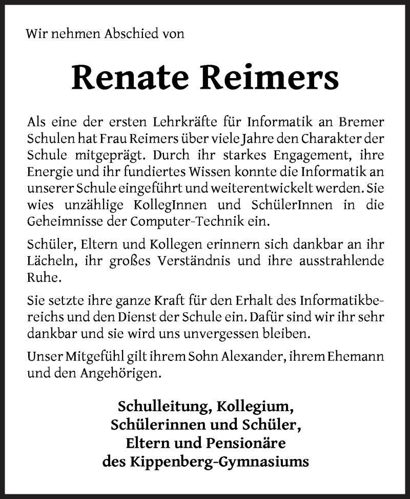 Traueranzeige von Renate Reimers von WESER-KURIER