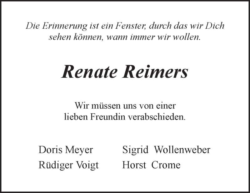 Traueranzeige von Renate Reimers von WESER-KURIER