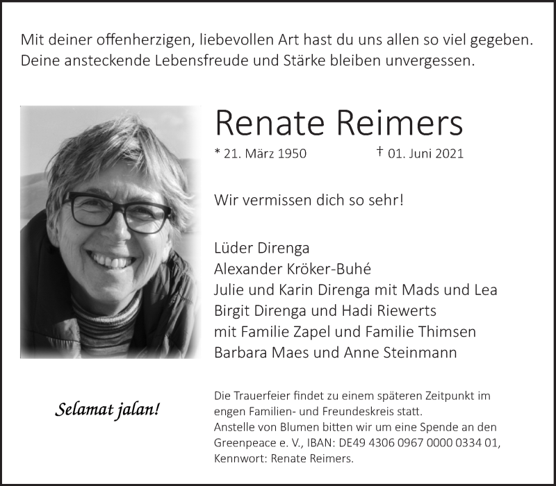Traueranzeige von Renate Reimers von WESER-KURIER