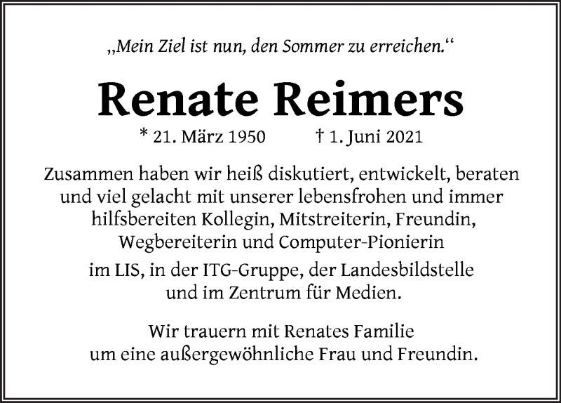 Traueranzeige von Renate Reimers von WESER-KURIER