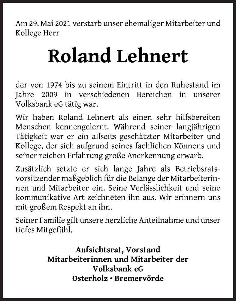Traueranzeige von Roland Lehnert von Osterholzer Kreisblatt