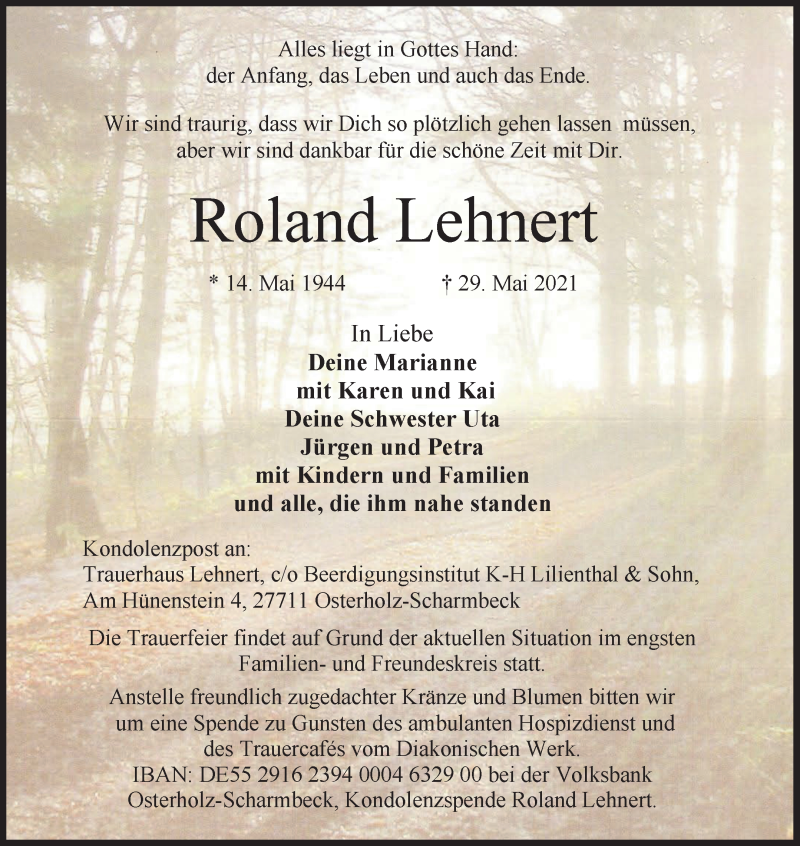 Traueranzeige von Roland Lehnert von Osterholzer Kreisblatt