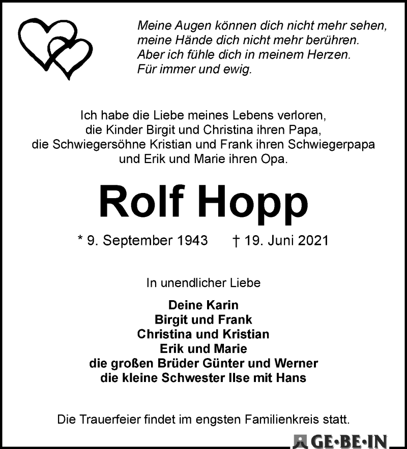 Traueranzeige von Rolf Hopp von WESER-KURIER