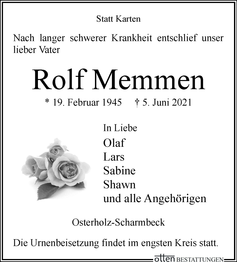 Traueranzeige von Rolf Memmen von Osterholzer Kreisblatt