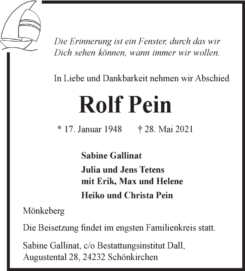 Traueranzeige von Rolf Pein von Wuemme Zeitung