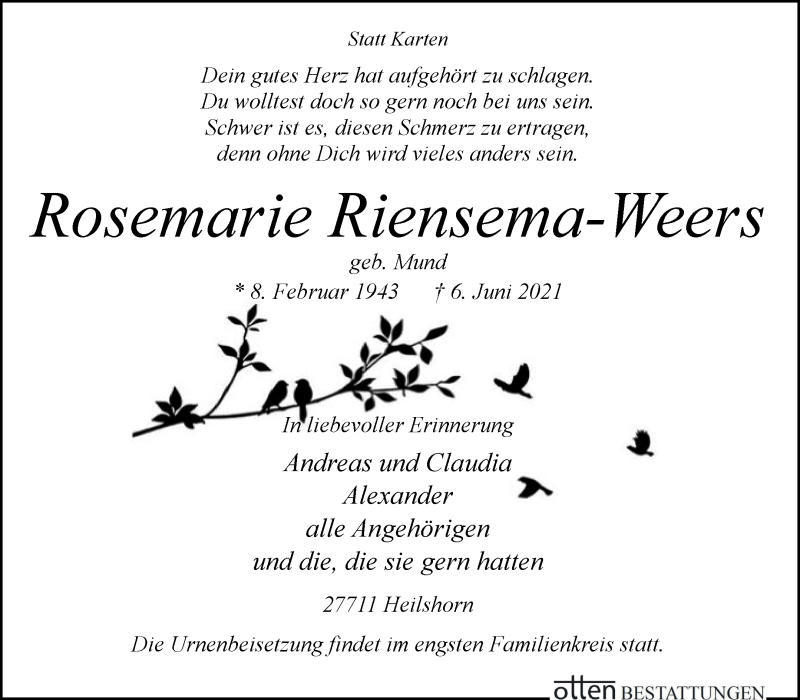 Traueranzeige von Rosemarie Riensema-Weers von Osterholzer Kreisblatt