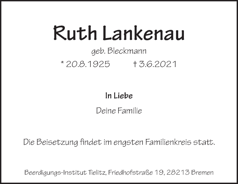 Traueranzeige von Ruth Lankenau von WESER-KURIER
