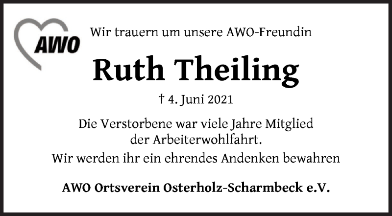 Traueranzeige von Ruth Theiling von Osterholzer Kreisblatt