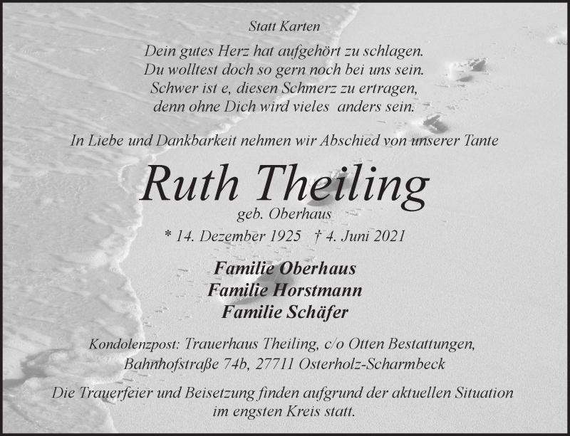 Traueranzeige von Ruth Theiling von Osterholzer Kreisblatt