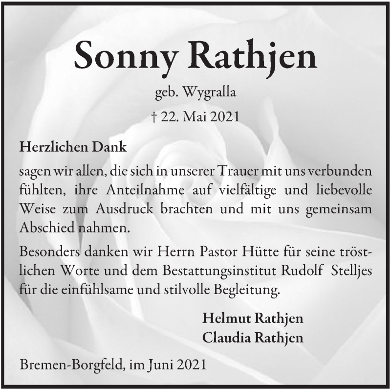 Traueranzeige von Sonny Rathjen von Wuemme Zeitung