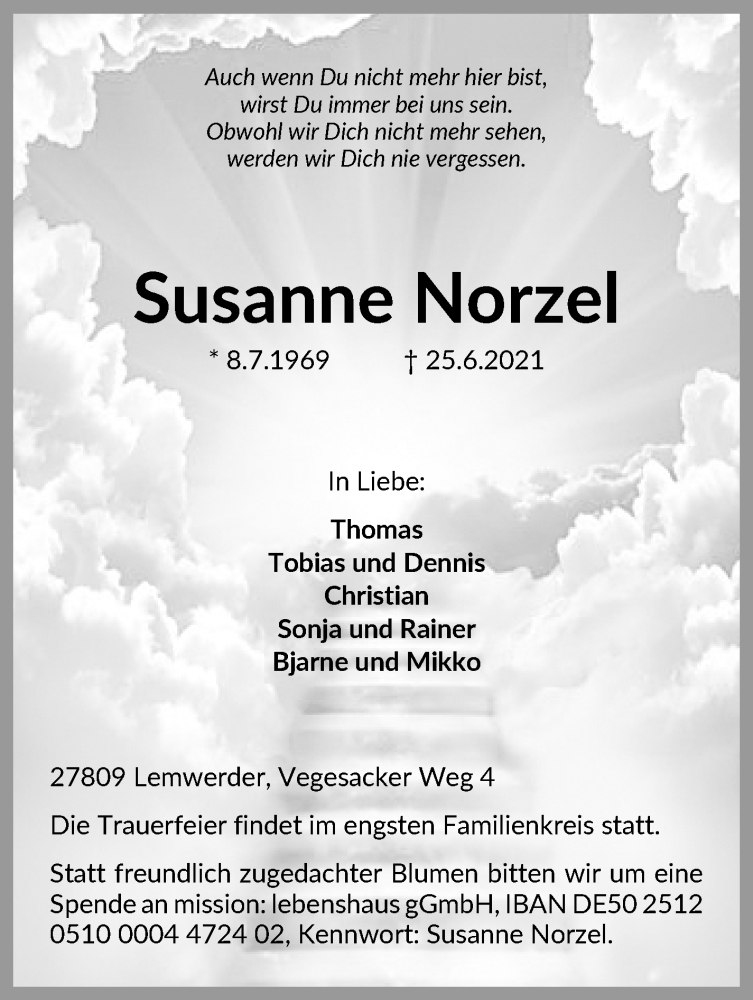 Traueranzeige von Susanne Norzel von Die Norddeutsche