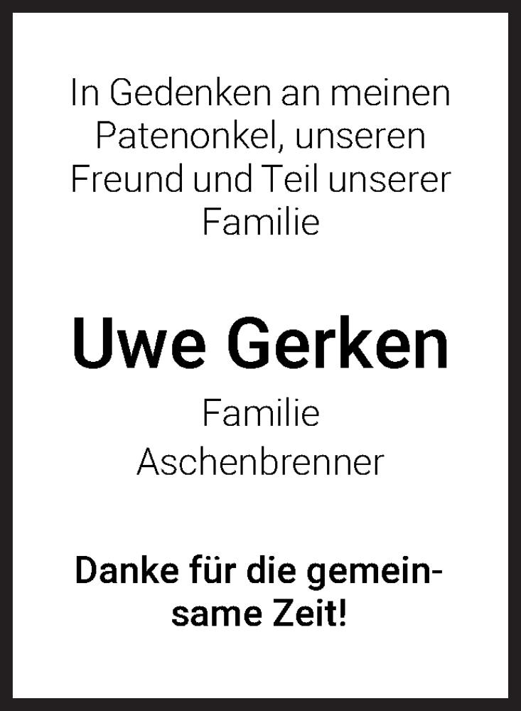 Traueranzeige von Uwe Gerken von Osterholzer Kreisblatt
