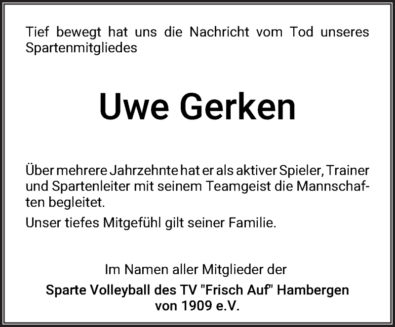 Traueranzeige von Uwe Gerken von Osterholzer Kreisblatt