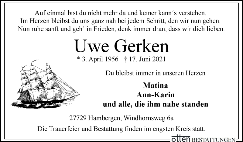 Traueranzeige von Uwe Gerken von Osterholzer Kreisblatt