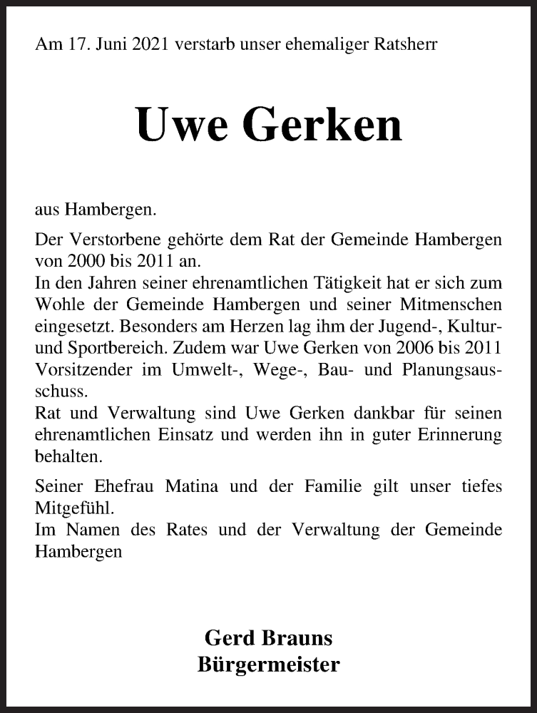 Traueranzeige von Uwe Gerken von Osterholzer Kreisblatt