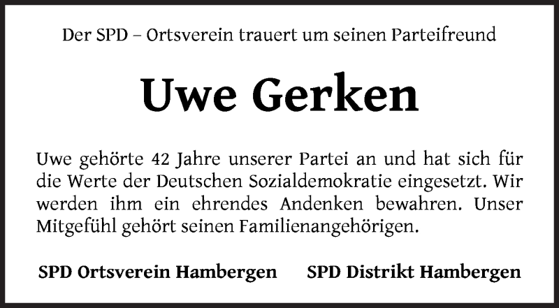 Traueranzeige von Uwe Gerken von Osterholzer Kreisblatt